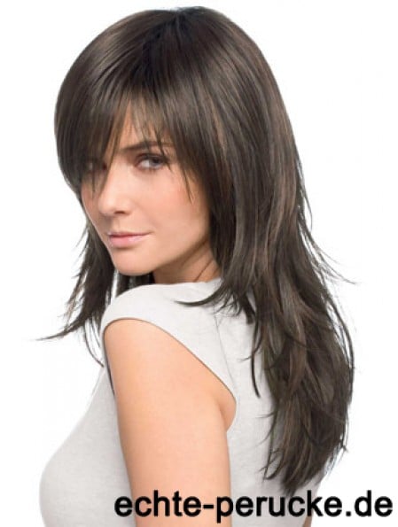 Human Hair Wigs Layered Cut Brown Color Long Length Straight Style