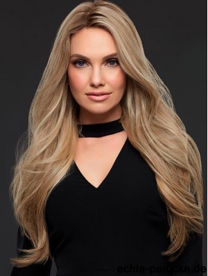 24‘’Gute blonde lange wellige ohne Pony Echthaar Perücken