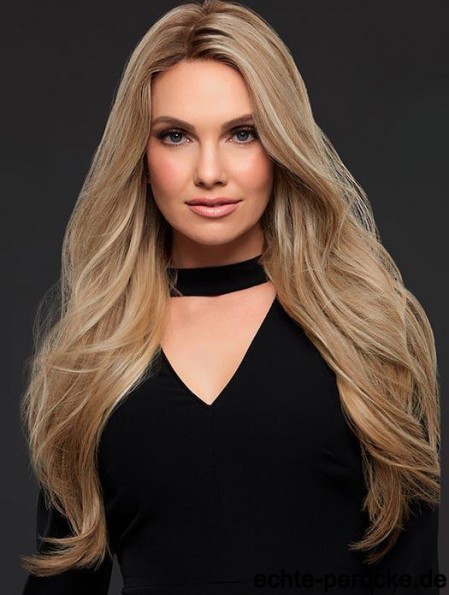 24‘’Gute blonde lange wellige ohne Pony Echthaar Perücken