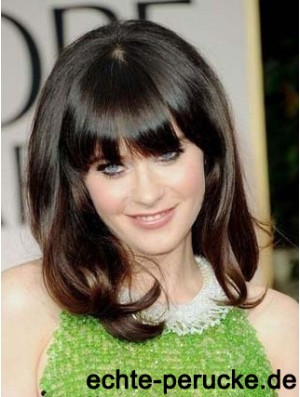 Comfortable Brown Shoulder Length Wavy 14 inch With Bangs Zooey Deschanel Lace Wigs