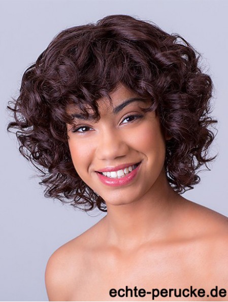 Bobs Kinn Länge Spitze Front Synthetic Brown 11 Zoll Curly African American Perücken