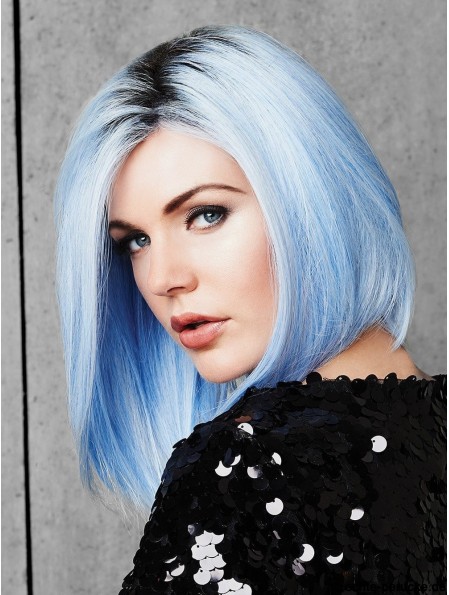 Capless 12 Zoll Straight Blue ohne Pony Damen Perücken Günstige Synthetik