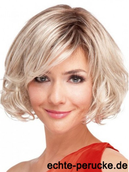 100% handgebundene kinnlange gewellte blonde Top Bob Perücken