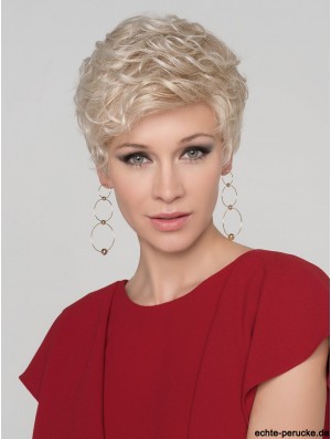 Curly Platinum Blonde Boycuts 4 Zoll Mono Crown Perücken