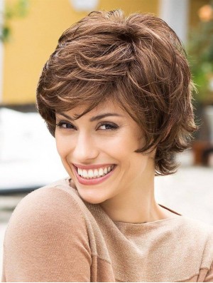 Kurze Monofilament Perücken Layered Cut Short Length Wavy Style Braune Farbe