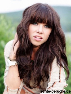 Real Hair Carly Rae Jepsen Wigs Long Length Brown Color With Bangs Monofilament