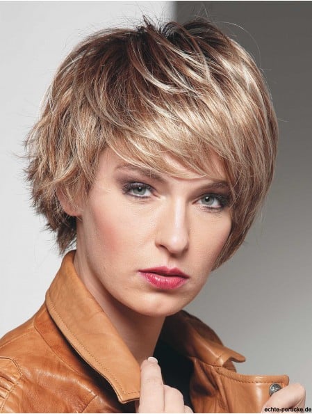 Short Straight With Bangs Blonde Affordable 100% Hand-tied Wigs