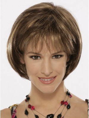 Capless Chin Länge gerade braune Top Bob Perücken