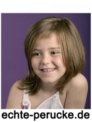 Straight Shoulder Length Brown Remy Human Hair 100% Hand-tied Kids Wigs