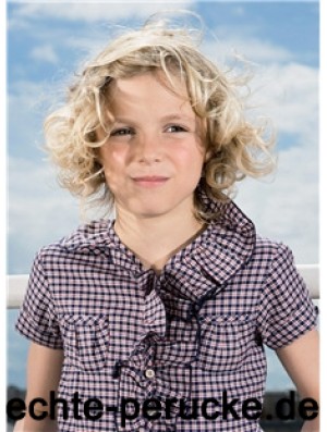 Curly Chin Length Blonde Synthetic 100% handgebundene Kinderperücken